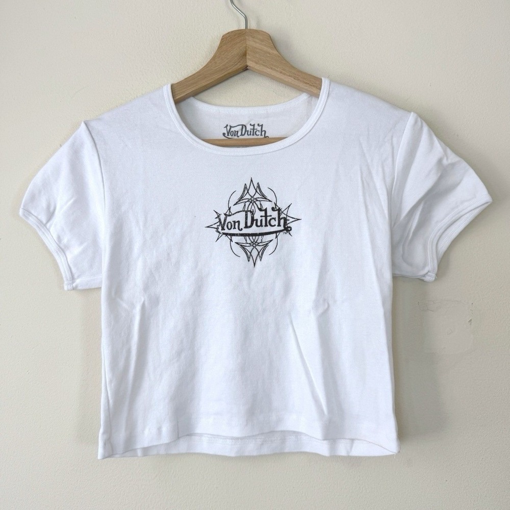 Vintage y2k Women's Von Dutch Graphic Art White Crop Top Tee Shirt - XS/S